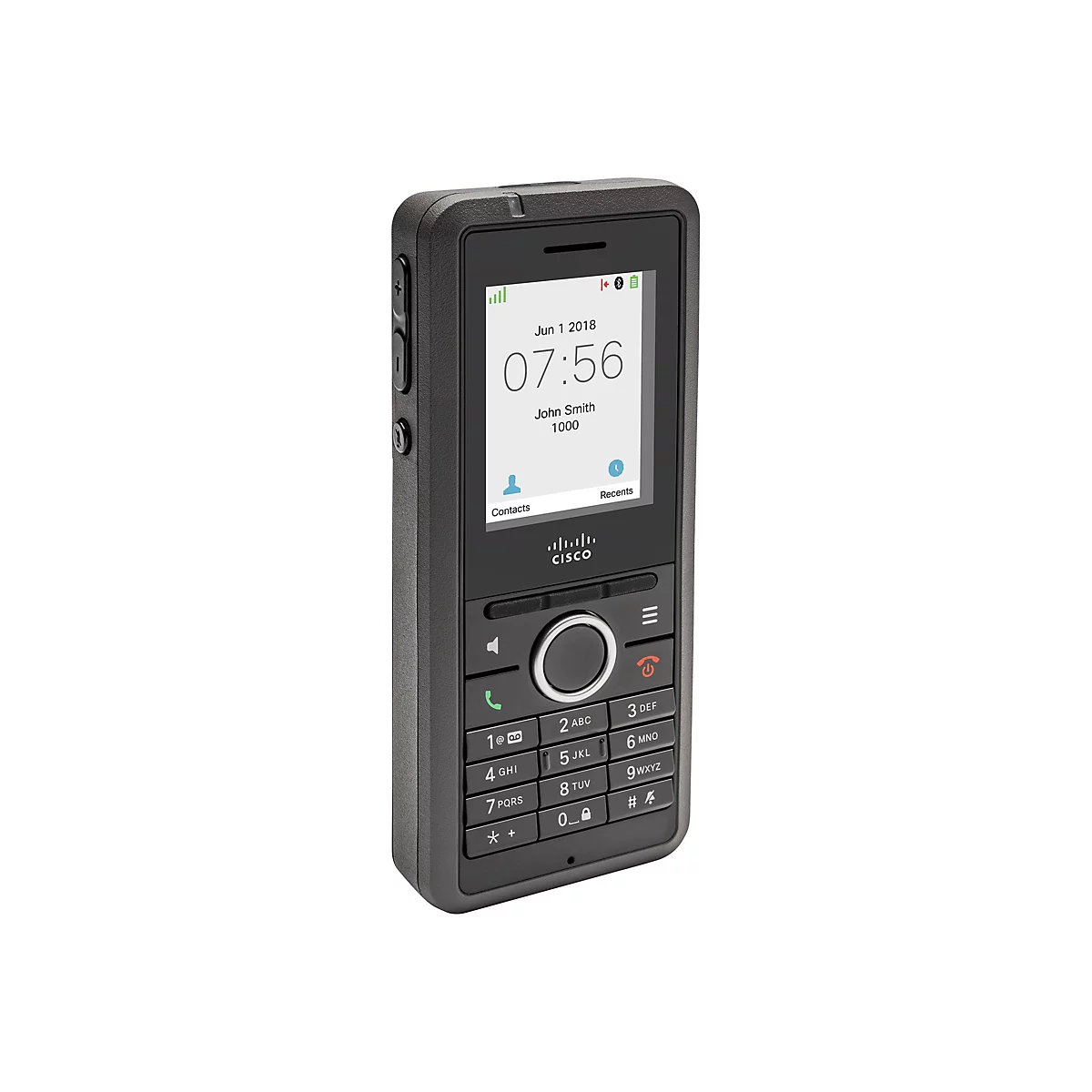Ein schwarzes Mobiltelefon mit Display, Ziffernblock und Tasten. Auf dem Bildschirm: Datum, Uhrzeit, Name.