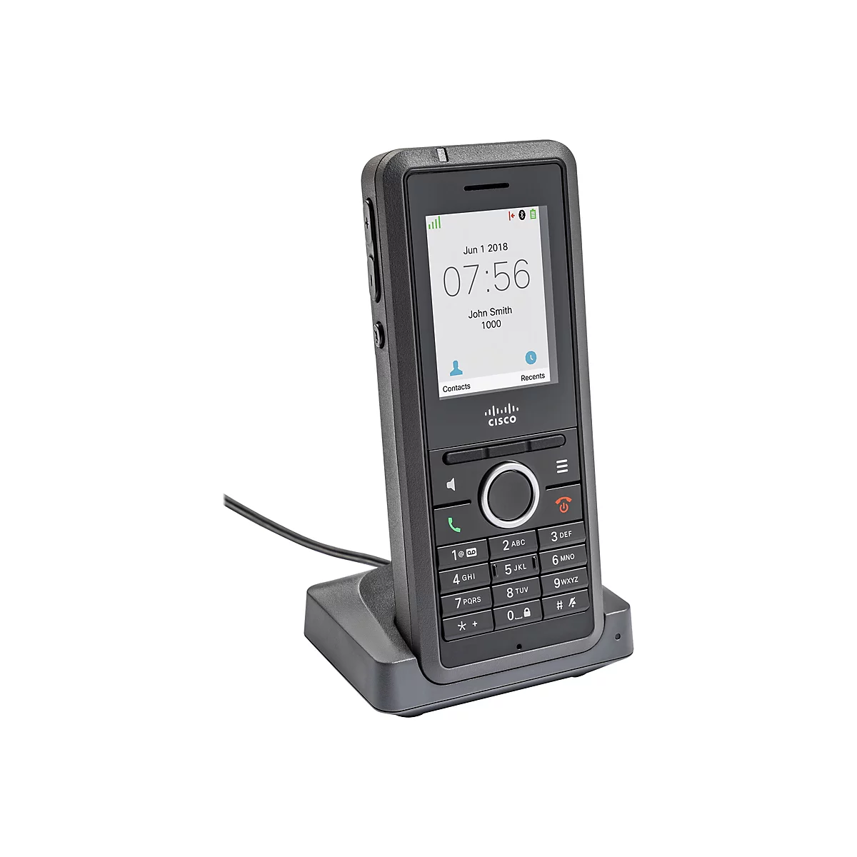Schwarzes Festnetztelefon mit Display, in Ladestation. Datum und Uhrzeit angezeigt. Logo Cisco.