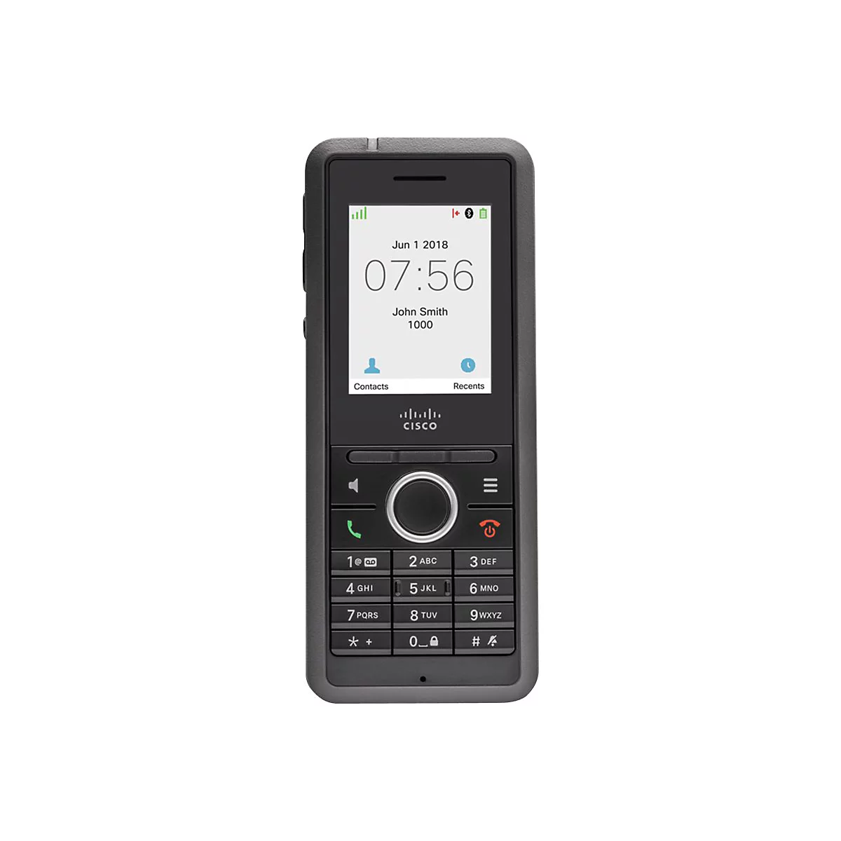 Dunkelgraues Mobiltelefon mit Tasten und Display. Uhrzeit 07:56, Datum 01.06.2018. Cisco.