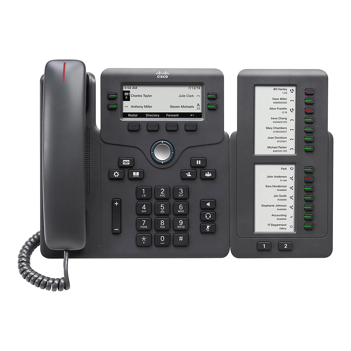 Dunkelgraues Tischtelefon mit zwei Bildschirmen und vielen Tasten. Auf den Bildschirmen werden Kontakte und Anrufdetails angezeigt.