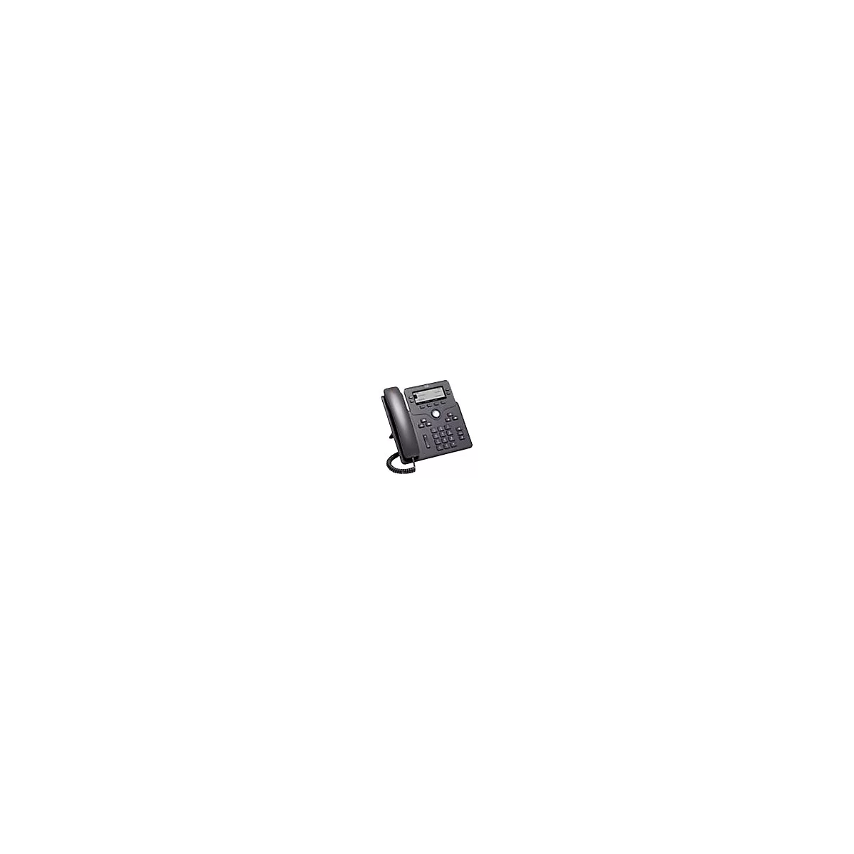 Schwarzes Cisco IP-Telefon mit Hörer, Display und Ziffernblock auf weißem Hintergrund.