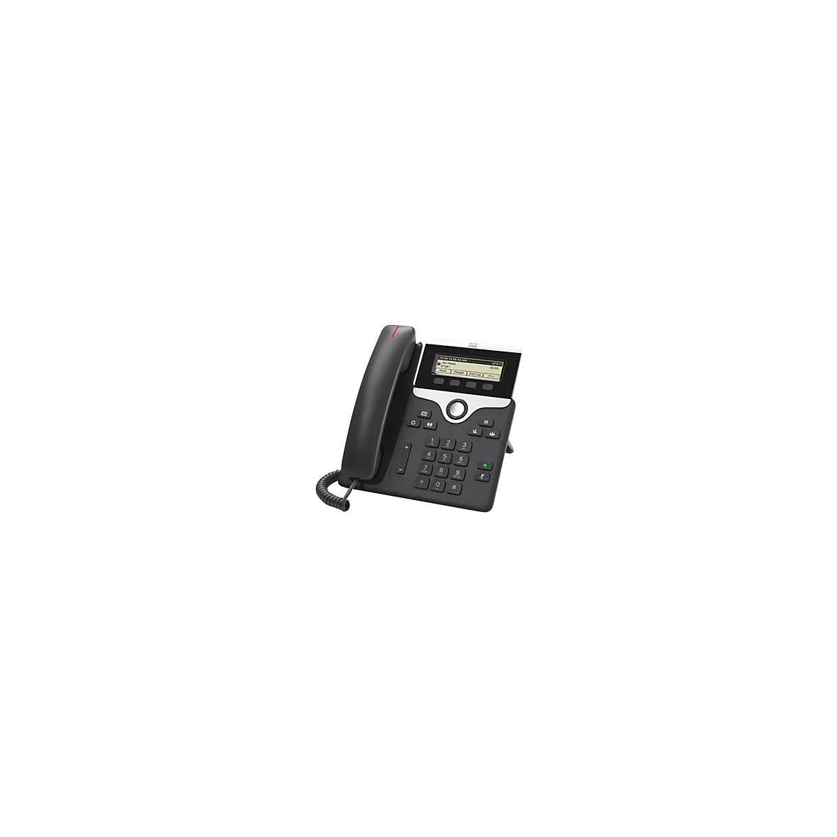 Ein schwarzes Cisco-Telefon auf weißem Hintergrund. Das Telefon hat ein Display, Tasten und einen Hörer.