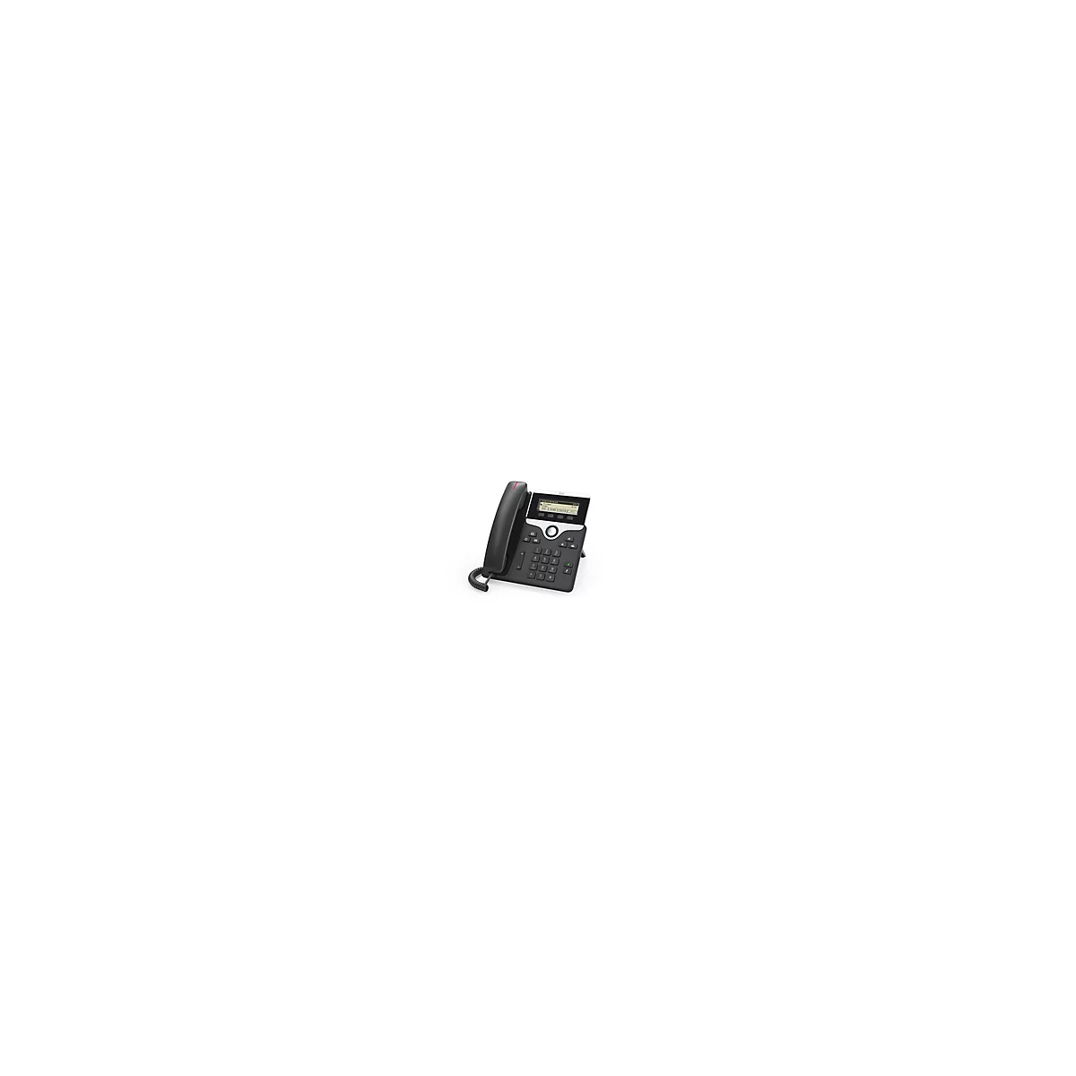 Schwarzes Telefon mit Display, Tasten und Hörer, vor weißem Hintergrund.