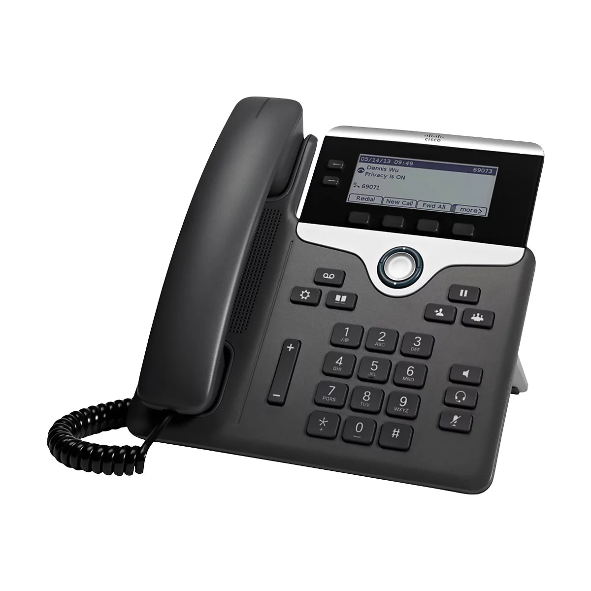 Schwarzes Tischtelefon mit Display. Auf dem Display: Datum, Uhrzeit, Name und Datenschutzhinweis. Tasten mit Ziffern und Funktionen.