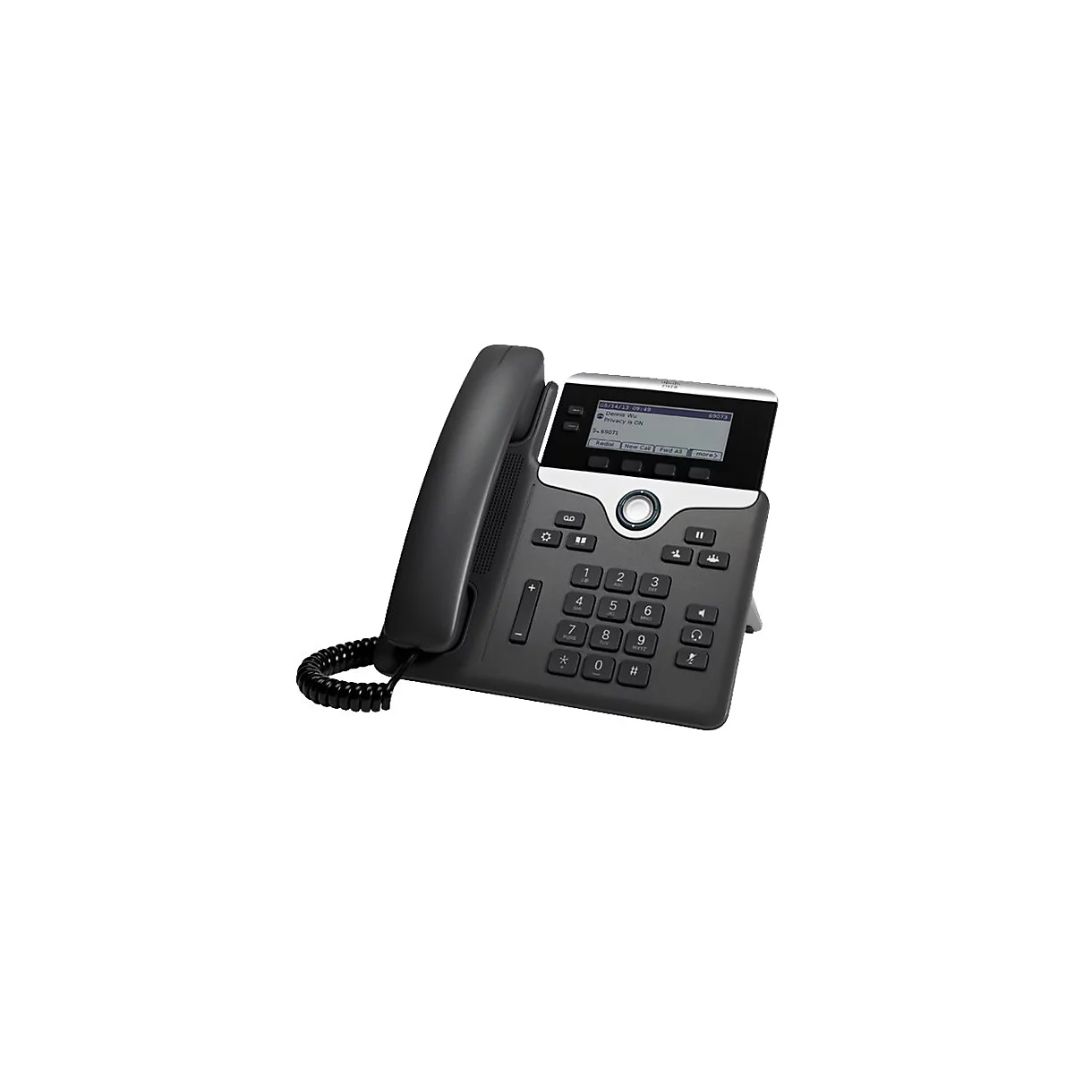 Schwarzes Tischtelefon mit Display und Ziffernblock. Display zeigt Informationen. Hörer liegt auf der Gabel.