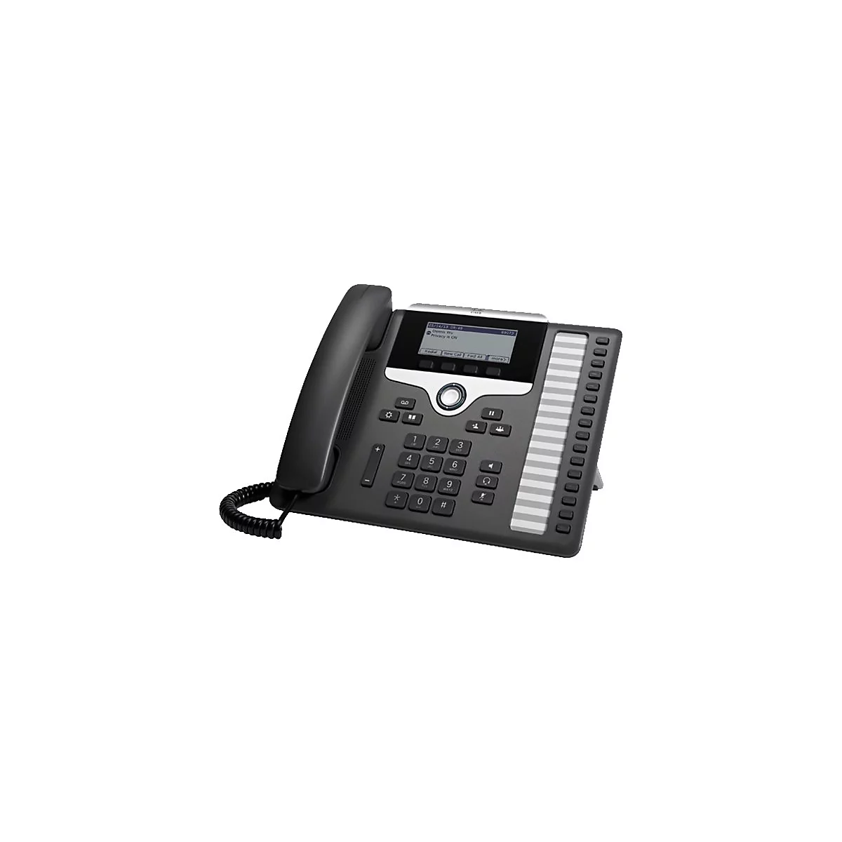 Schwarzes Bürotelefon mit Display, Tasten und Hörer. Auf dem Display sind Informationen angezeigt.