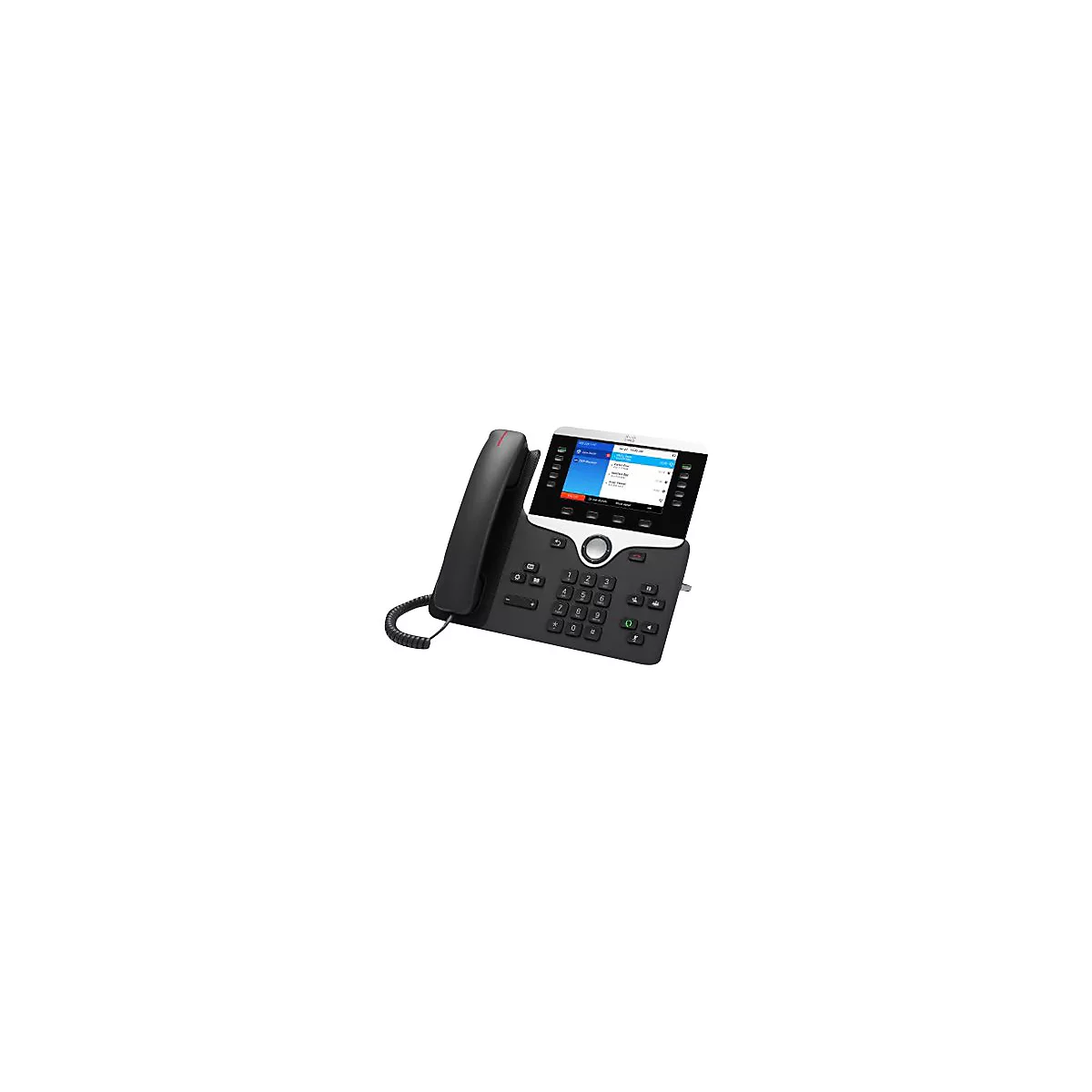 Schwarzes Cisco IP-Telefon mit Display. Hörer auf der Seite, Zifferntasten, Menüansicht.