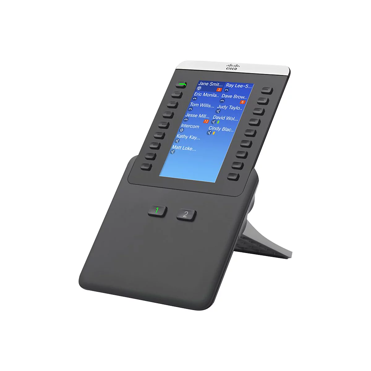 Schwarzes Cisco IP-Telefon, Bildschirm mit Kontaktliste, Tasten, Ständer.