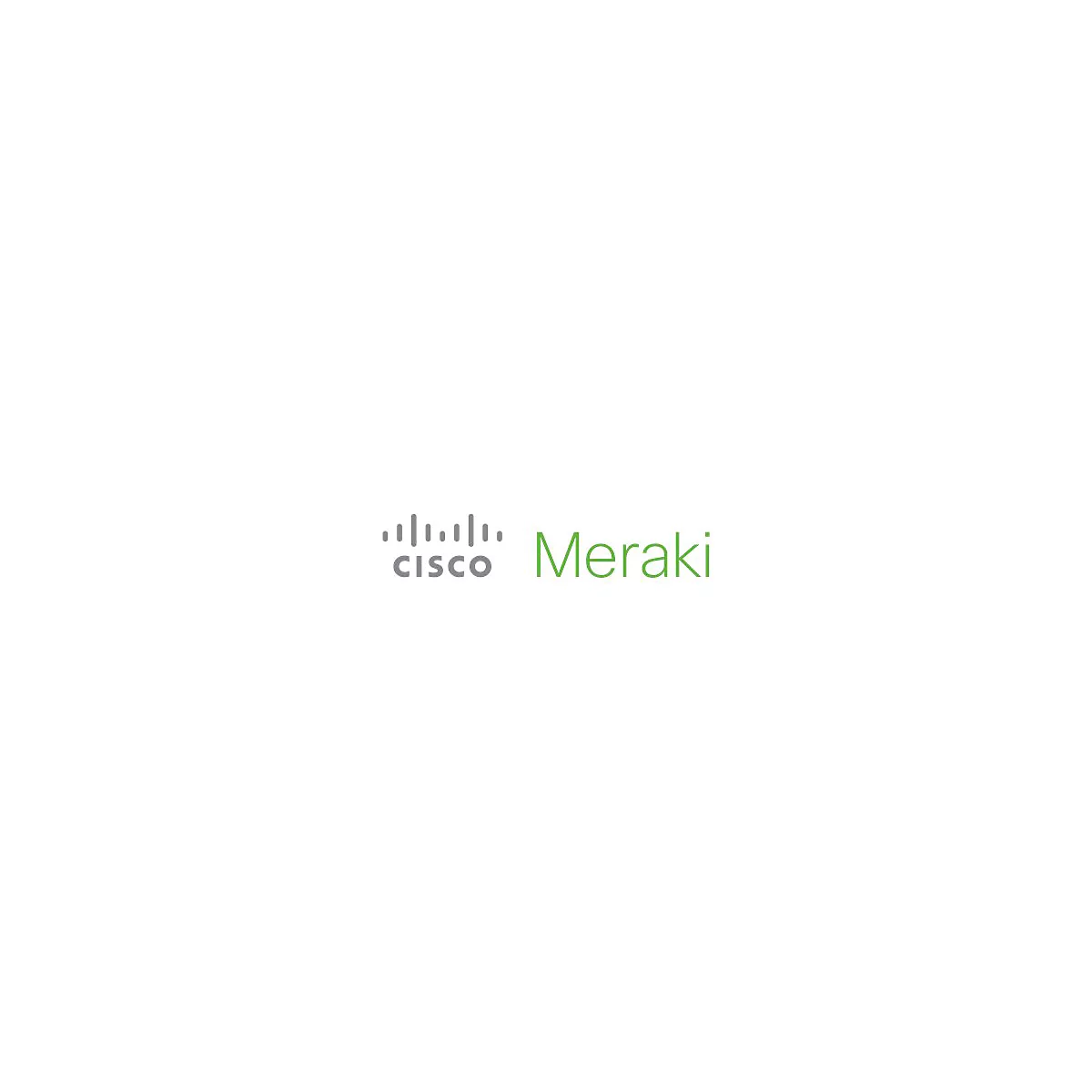 Graues Cisco Logo mit darüberliegenden Linien und grüner Meraki Schriftzug auf weißem Grund.