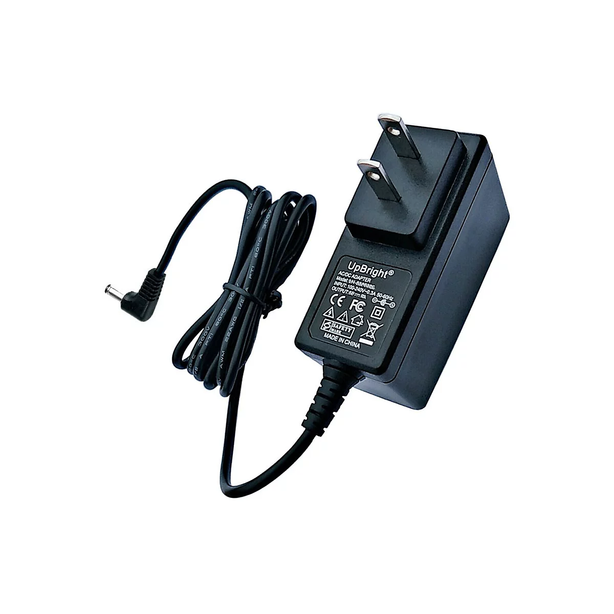 Schwarzes Netzteil mit Kabel und Netzstecker auf weißem Hintergrund. Beschriftung: UpBright AC/DC Adapter.