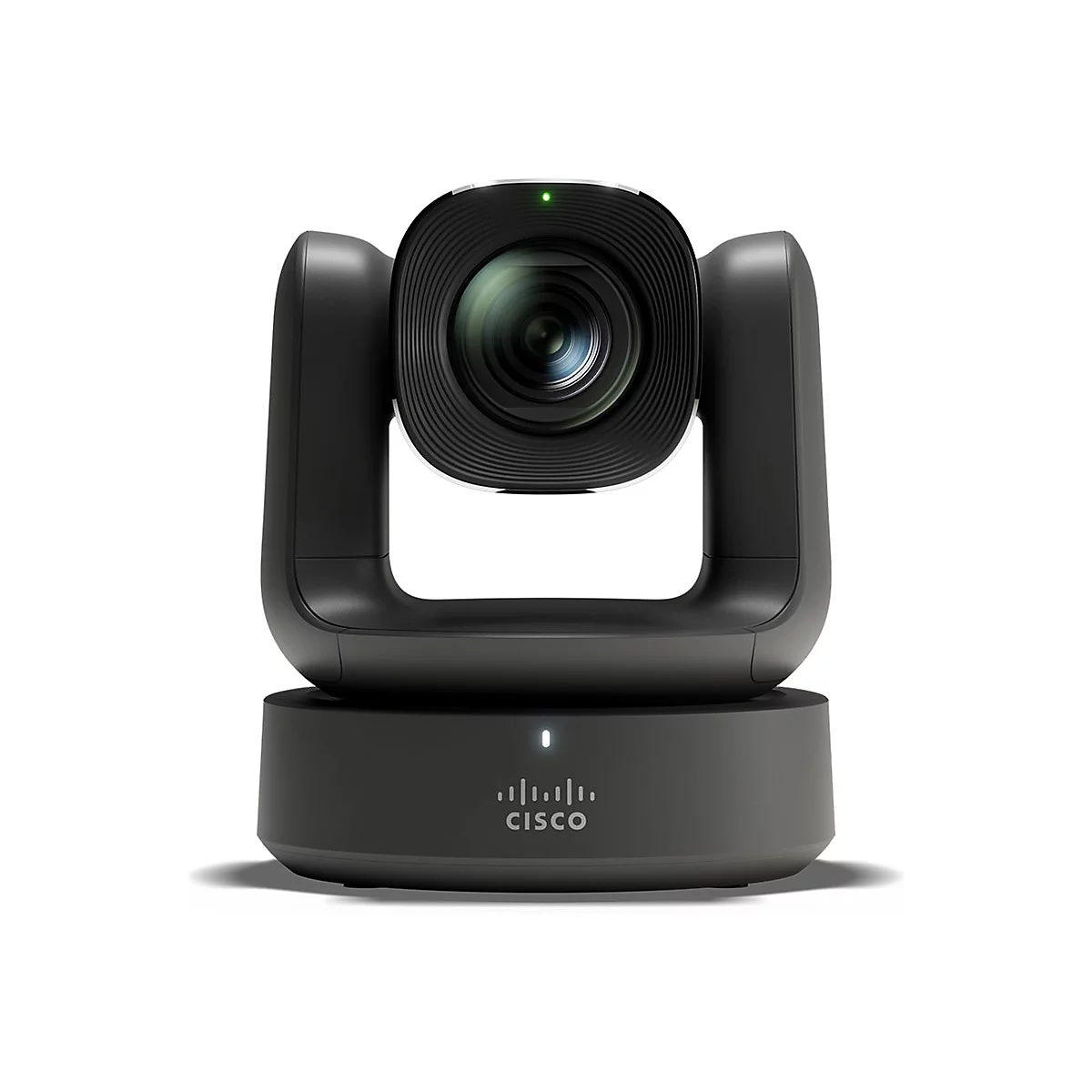 Schwarze Videokonferenzkamera mit Cisco-Logo. Die Linse wird von einem bogenförmigen Gehäuse umschlossen.