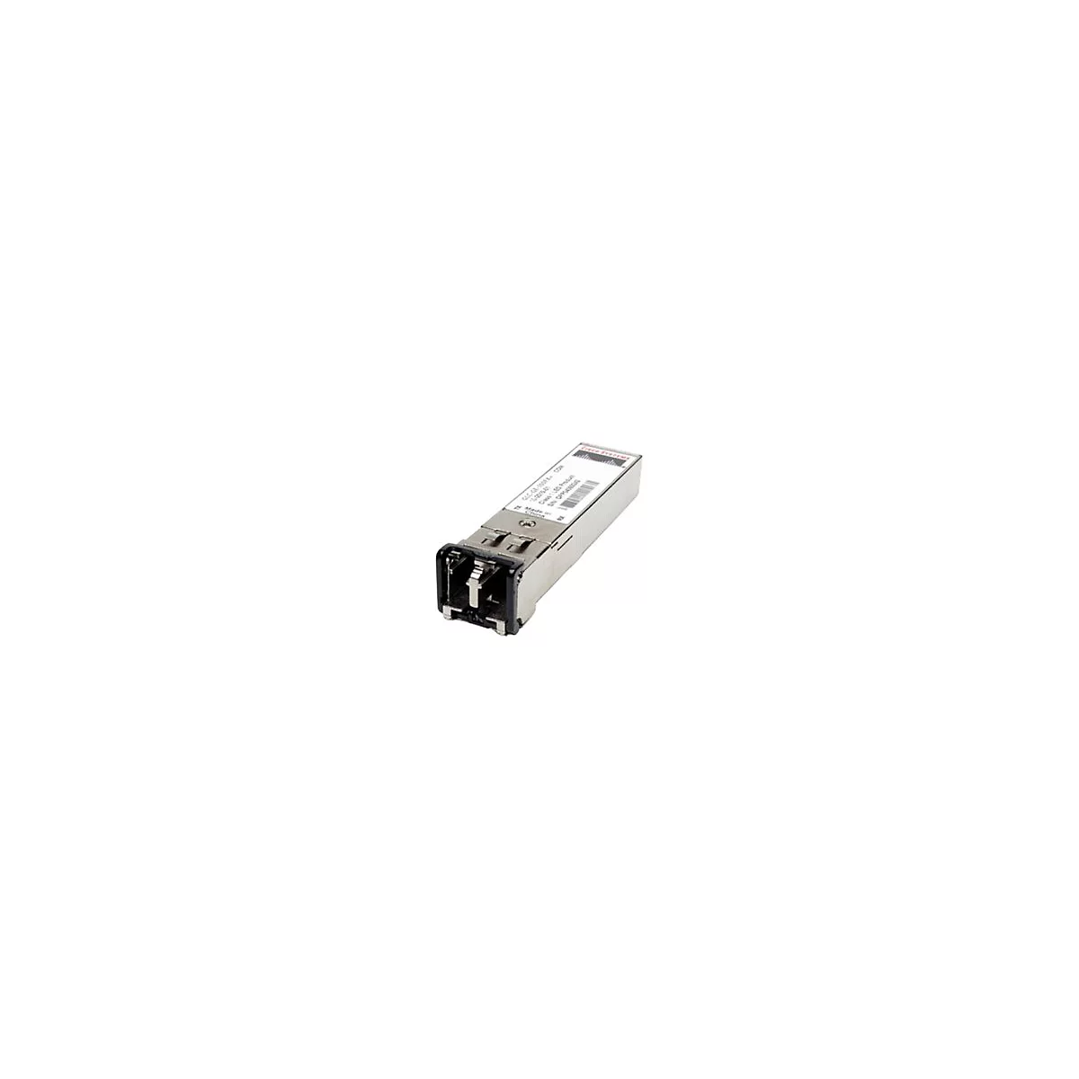 Metallfarbener Netzwerkadapter, mit Beschriftungen und Firmenlogo. Auf weißem Hintergrund.