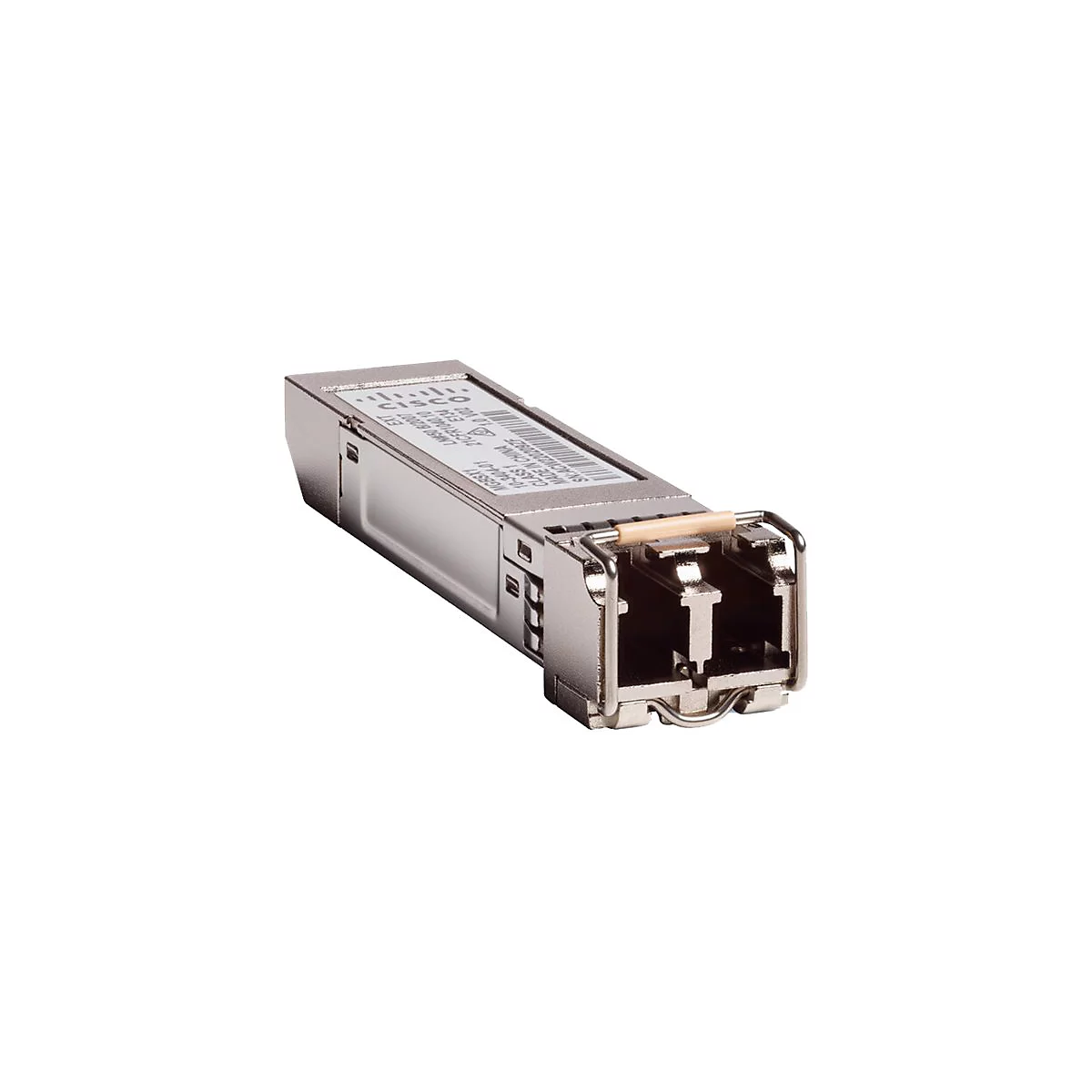 Ein silberner Cisco-SFP-Transceiver. Oben ein Etikett, rechts Öffnungen. Mit beigefarbener Sicherungsstange.