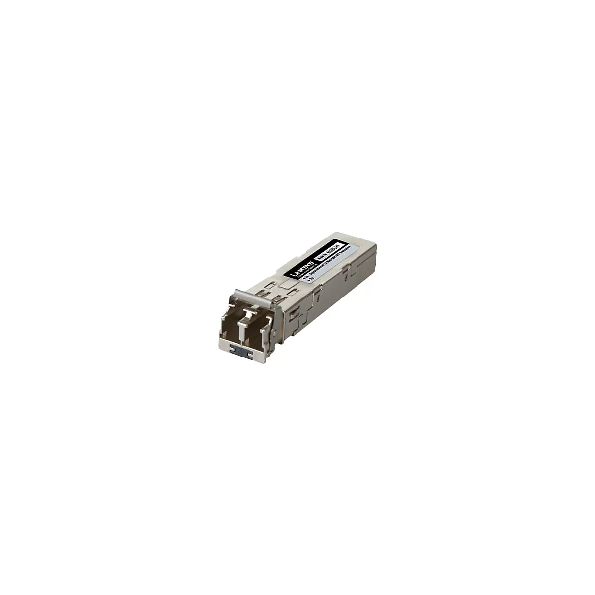 Ein silberner Linksys SFP-Transceiver. Modell MGBH1.
