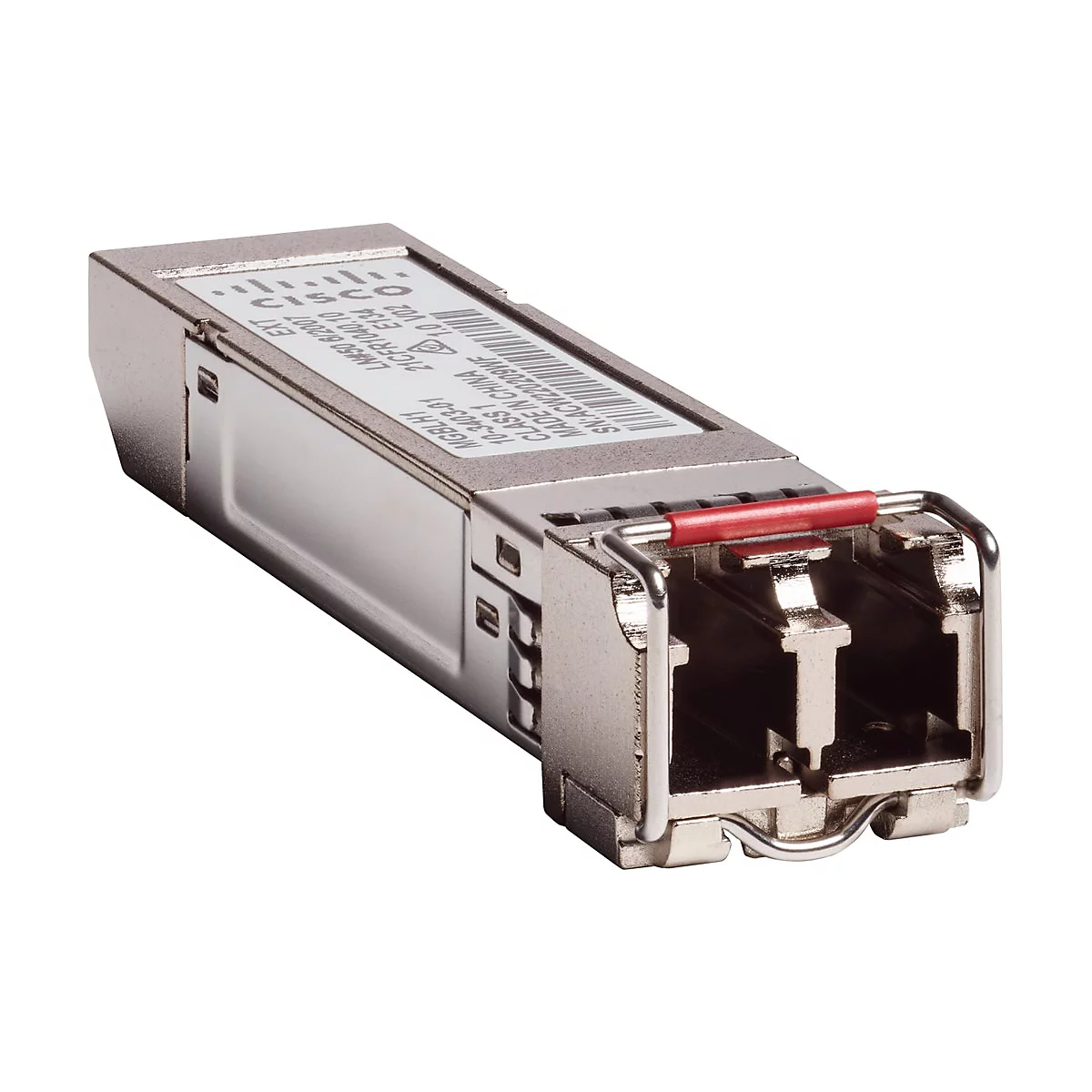 Metallfarbener SFP-Transceiver mit rotem Sicherungsbügel und weißen Labeln.