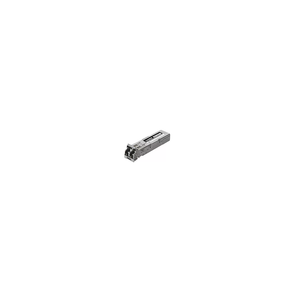 Ein silbernes Netzwerkmodul mit Beschriftung, Stecker links.