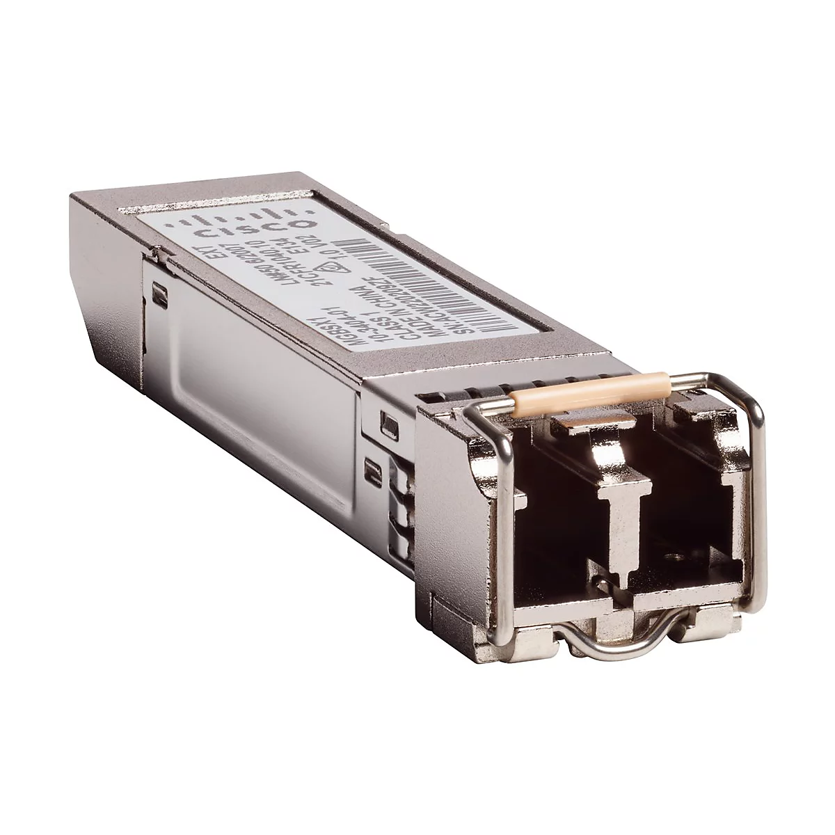 Ein silberfarbener Cisco-Transceiver auf weißem Hintergrund. Das Gerät hat einen rechteckigen Körper mit einem Label und zwei Anschlussöffnungen.