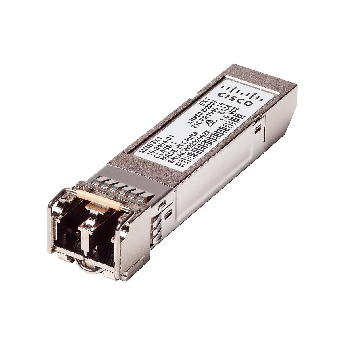 Ein silbernes Cisco-Modul mit Aufschrift MGBSX1 und diversen technischen Daten.