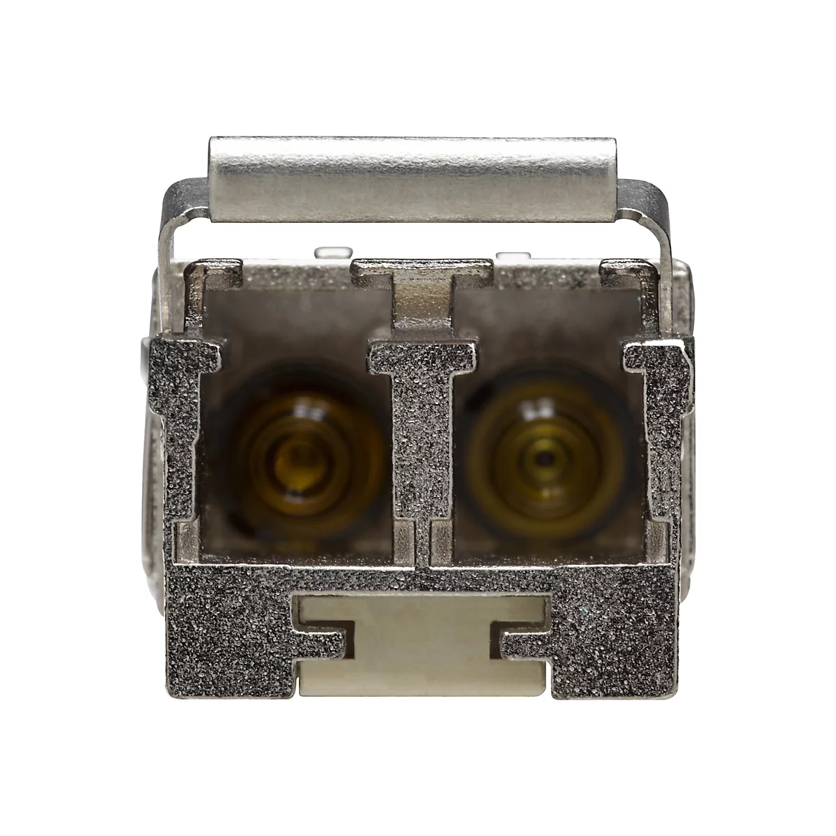 Nahaufnahme eines silbernen Netzwerkadapters mit zwei goldenen, runden Öffnungen.