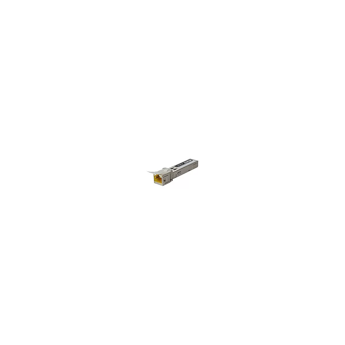 Ein silberner SFP-Transceiver, ein rechteckiges Gerät mit einem Metallgehäuse und einem gelben Anschluss.