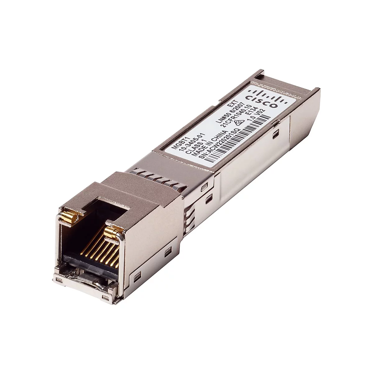 Ein silberner Cisco-SFP-Transceiver auf weißem Hintergrund mit Beschriftungen.