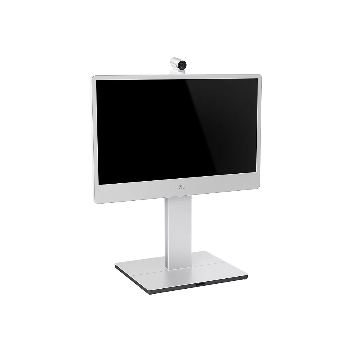 Ein grauer Videokonferenz-Bildschirm auf einem Sockel, mit einer Kamera oben.