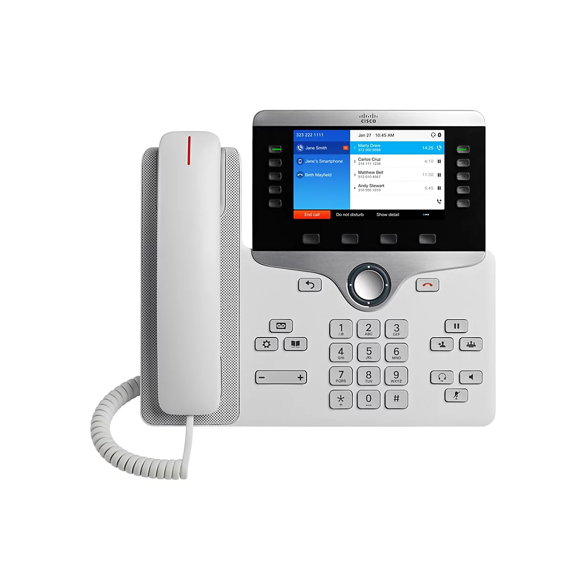 Un téléphone de bureau Cisco blanc, vue détaillée, avec un écran gris affichant une liste d'appels. Combiné et cordon sont blancs.