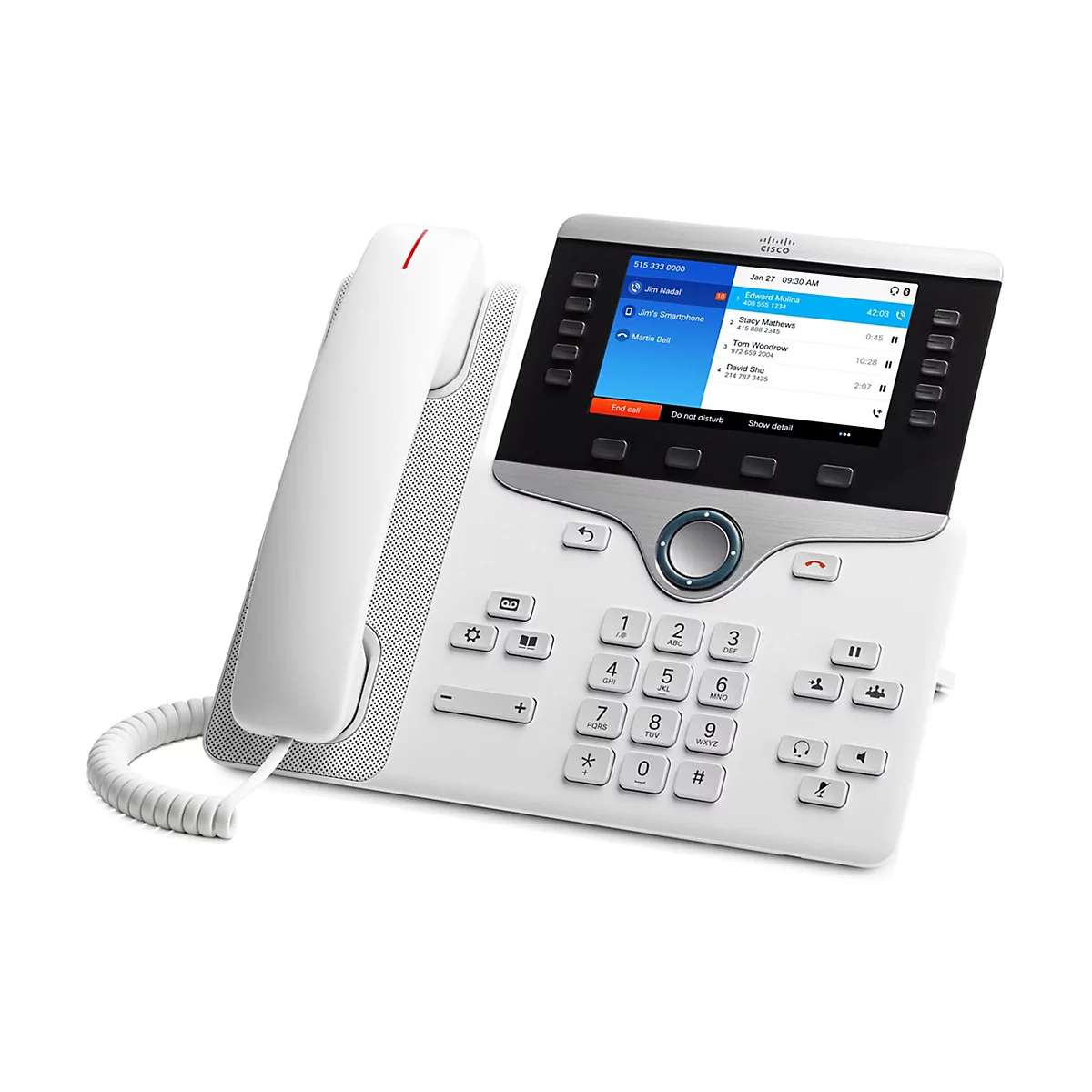 Un téléphone Cisco blanc avec combiné, écran et clavier, affichant un appel entrant.