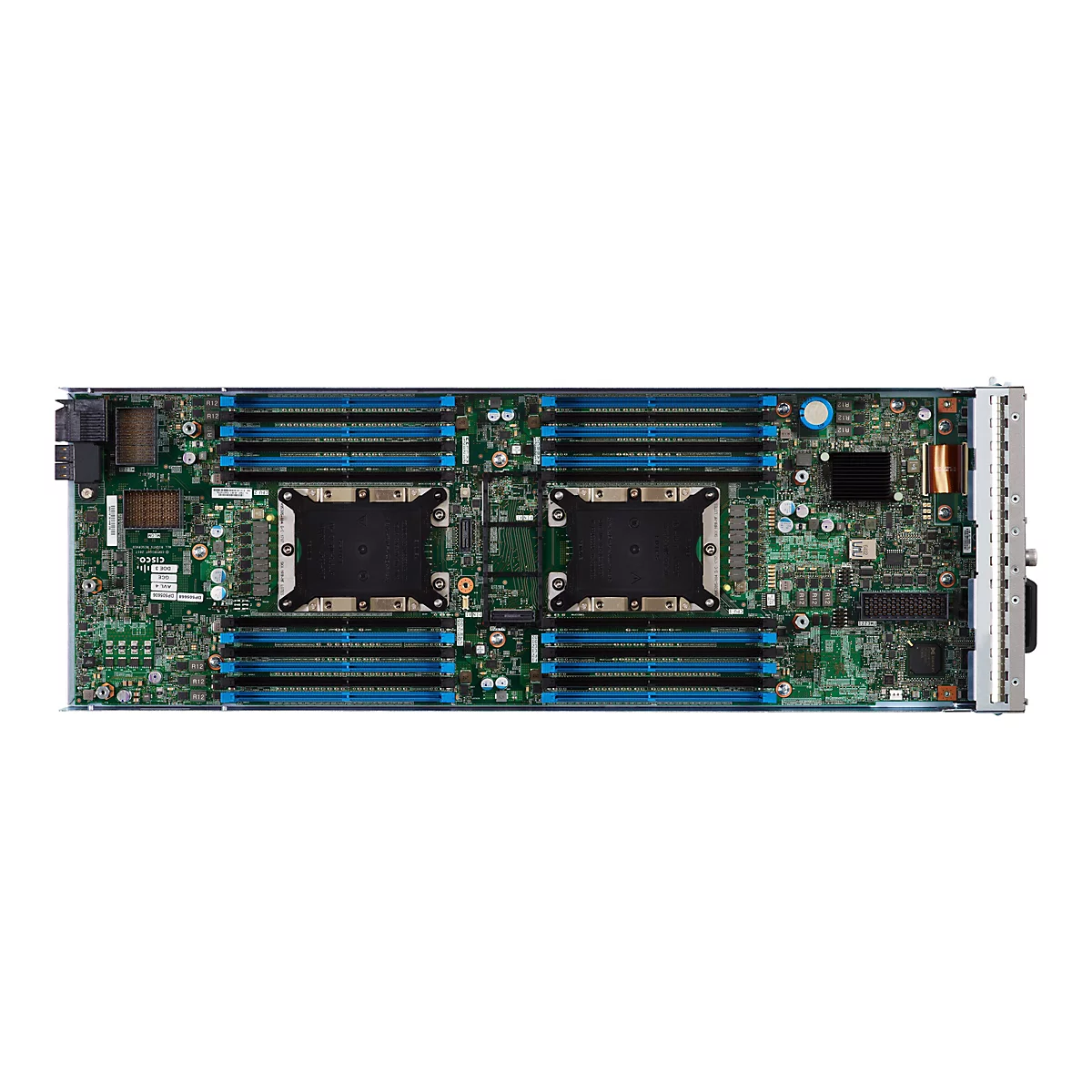 Nahaufnahme einer grünen Computerplatine mit blauen und schwarzen Steckplätzen, Chips und Kühlkörpern.