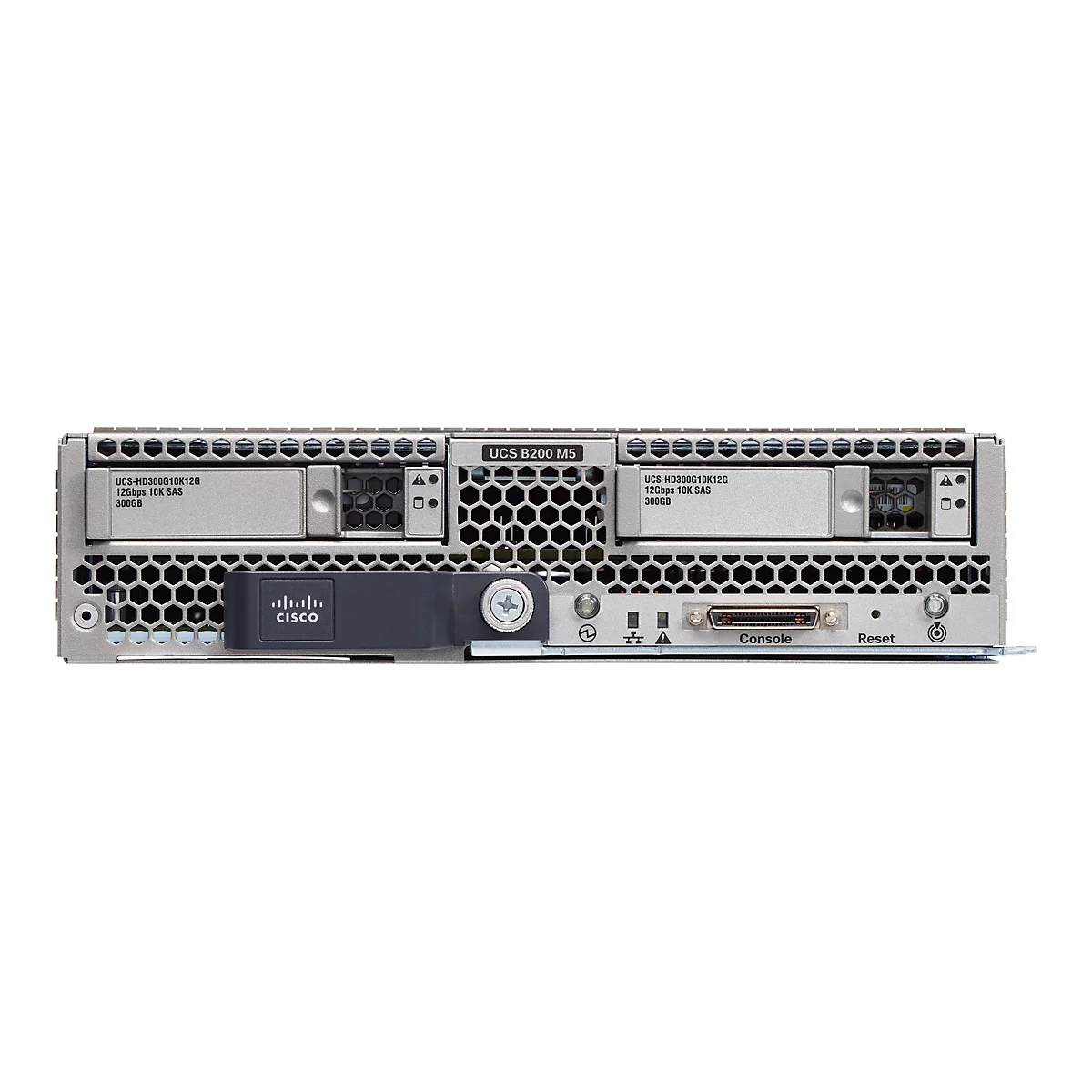 Ein graues Cisco-Server-Chassis mit dem Label "UCS B200 M5" und den Texten "UCS-HD300G10K12G 12Gbps 10K SAS 300GB". Es gibt auch eine "CISCO"-Plakette.