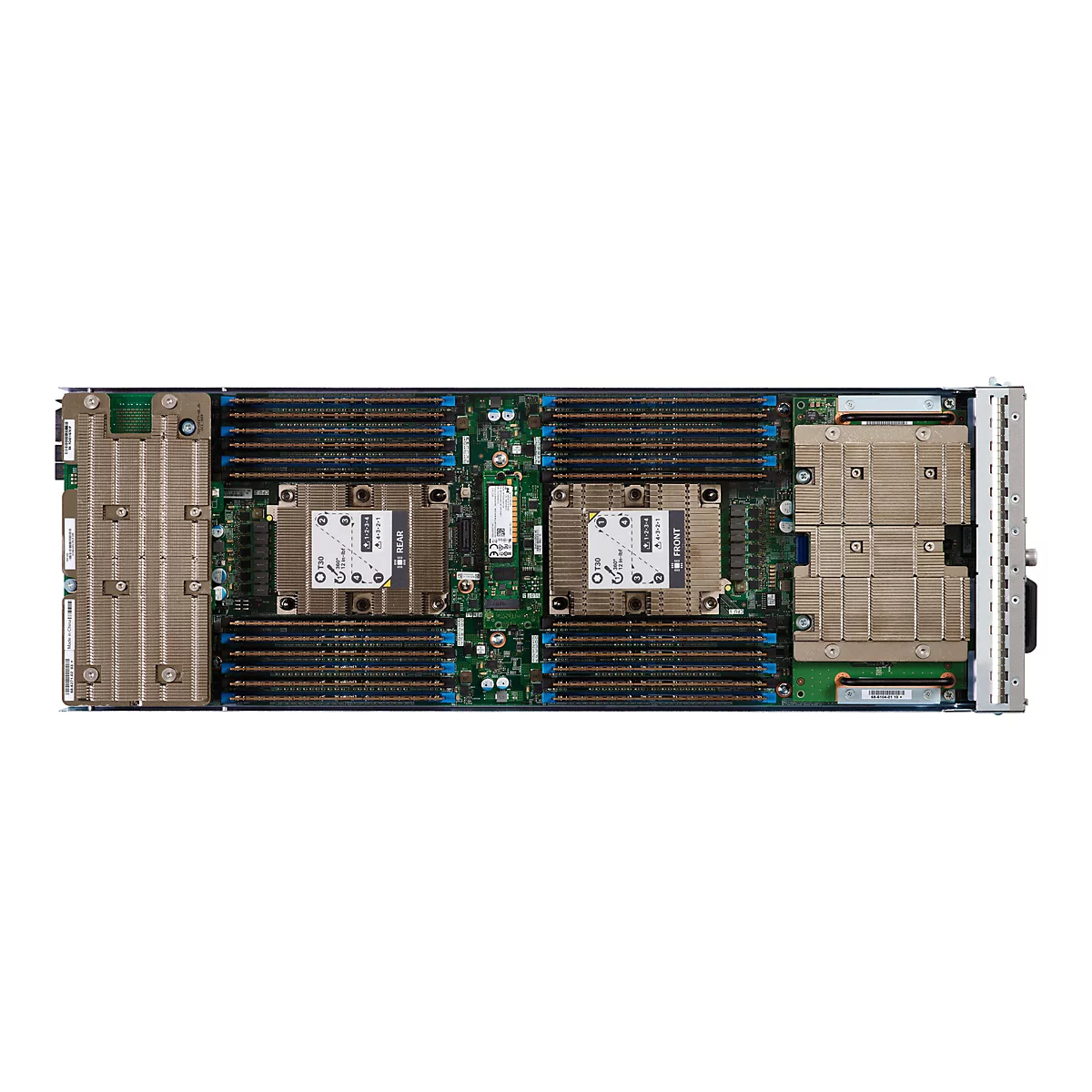 Draufsicht auf eine Server-Leiterplatte mit CPU-Kühlkörpern, RAM-Steckplätzen und anderen Komponenten. Die Platine ist für den Einbau in einen Serverschrank vorgesehen.