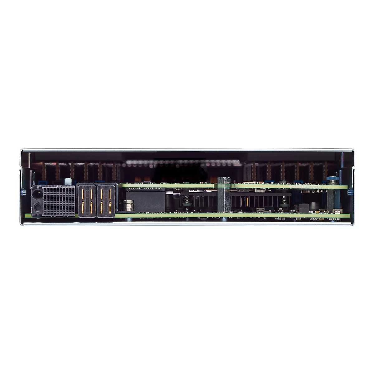 Detailaufnahme einer Server-Karte, die in einem Metallgehäuse montiert ist. Auf der Karte befinden sich elektronische Bauteile.