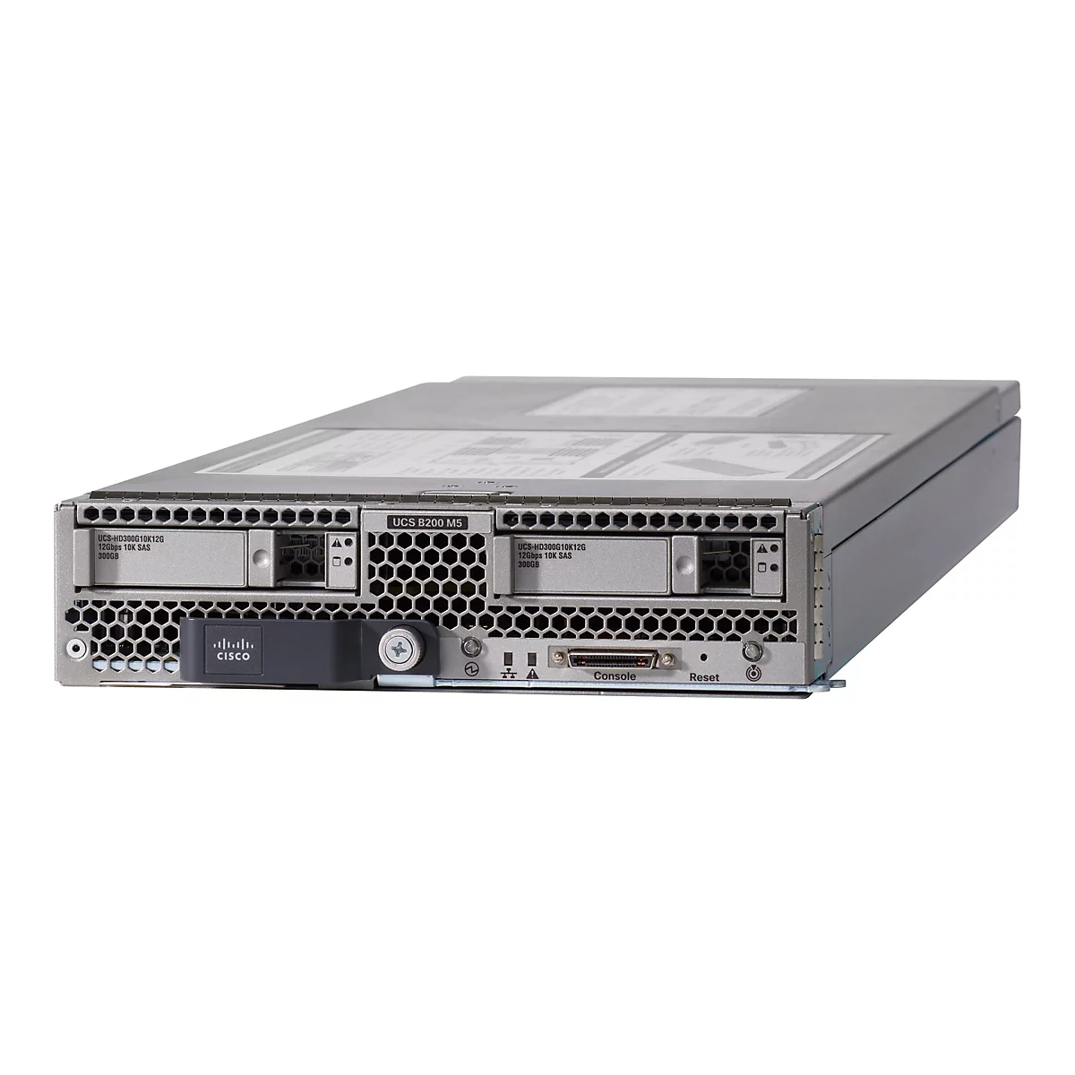Ein graues Server-Rack mit schwarzen Details, das auf weißem Grund steht. Auf der Vorderseite sind Komponenten wie Anschlüsse und Aufkleber deutlich zu sehen.