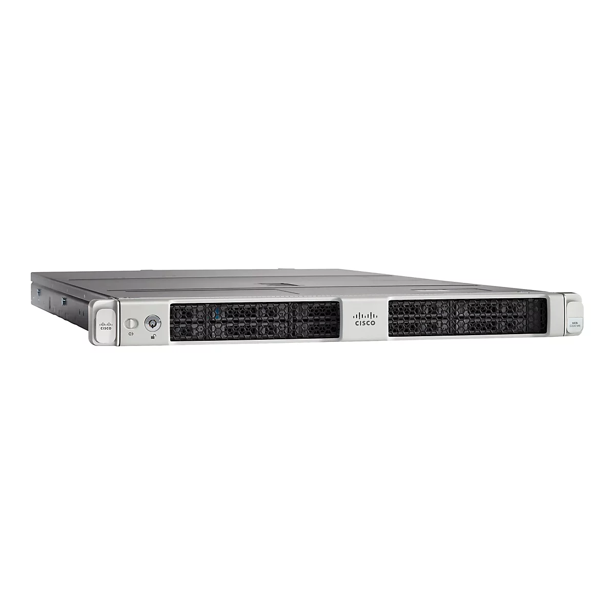 Cisco UCS C220 M6 Rack-Server in Silber mit schwarzer Frontblende und Cisco-Logo vor weißem Hintergrund.