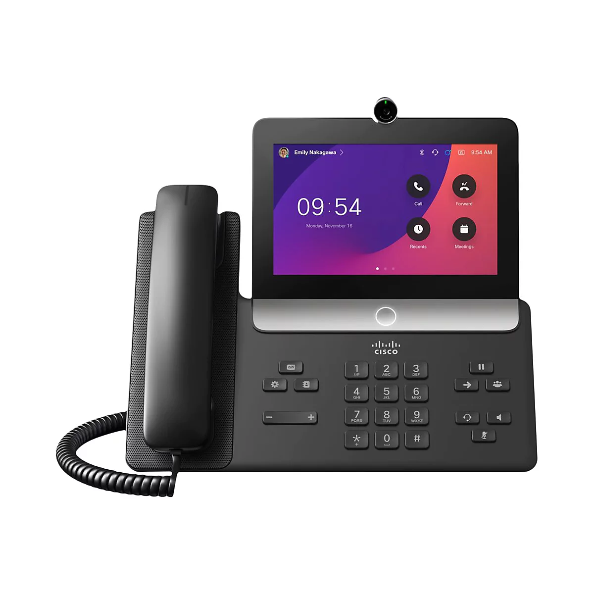 Téléphone IP Cisco noir avec écran tactile, combiné et caméra, affichant l'heure, la date et des options d'appel et de réunion.