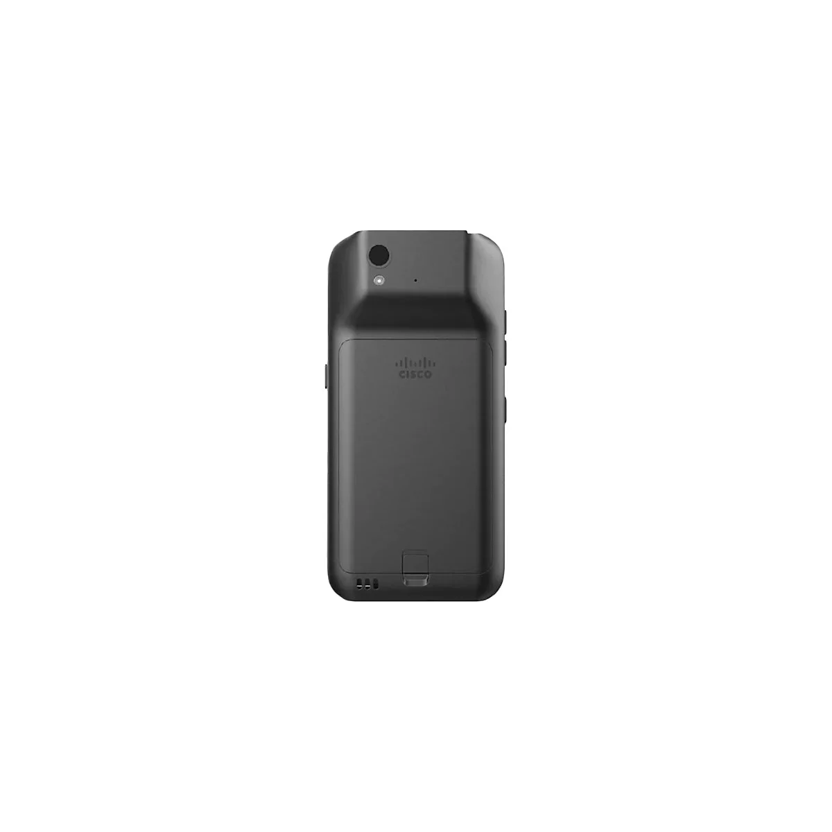 Dunkelgraues Cisco-Telefon auf weißem Hintergrund. Oben eine Kamera und ein Lautsprecher. Unten das Cisco-Logo.