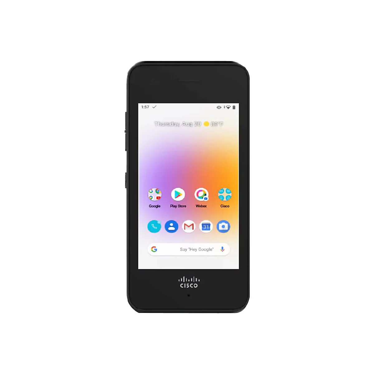 Ein schwarzes Smartphone mit farbenfrohem Hintergrund. Auf dem Bildschirm sind Apps und die Uhrzeit angezeigt. Unten steht Cisco.