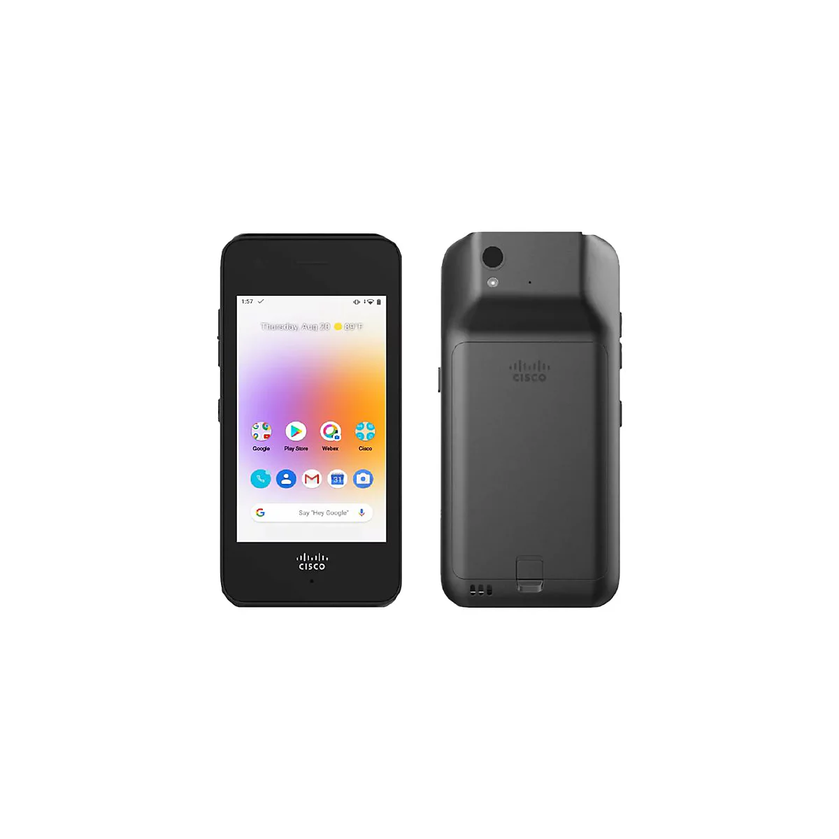 Schwarzes Cisco-Smartphone von vorne und hinten gezeigt. Auf dem Bildschirm: Apps wie Google, Play Store, Webex, Cisco.