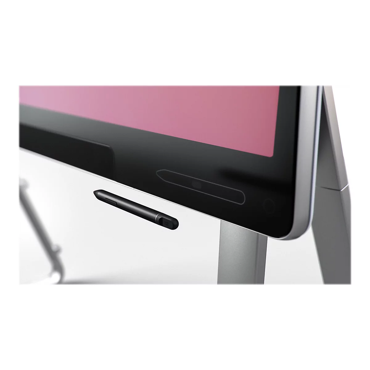 Nahaufnahme eines Monitors mit schwarzem Gehäuse und pinkfarbenem Display. Ein schwarzer Eingabestift schwebt davor.