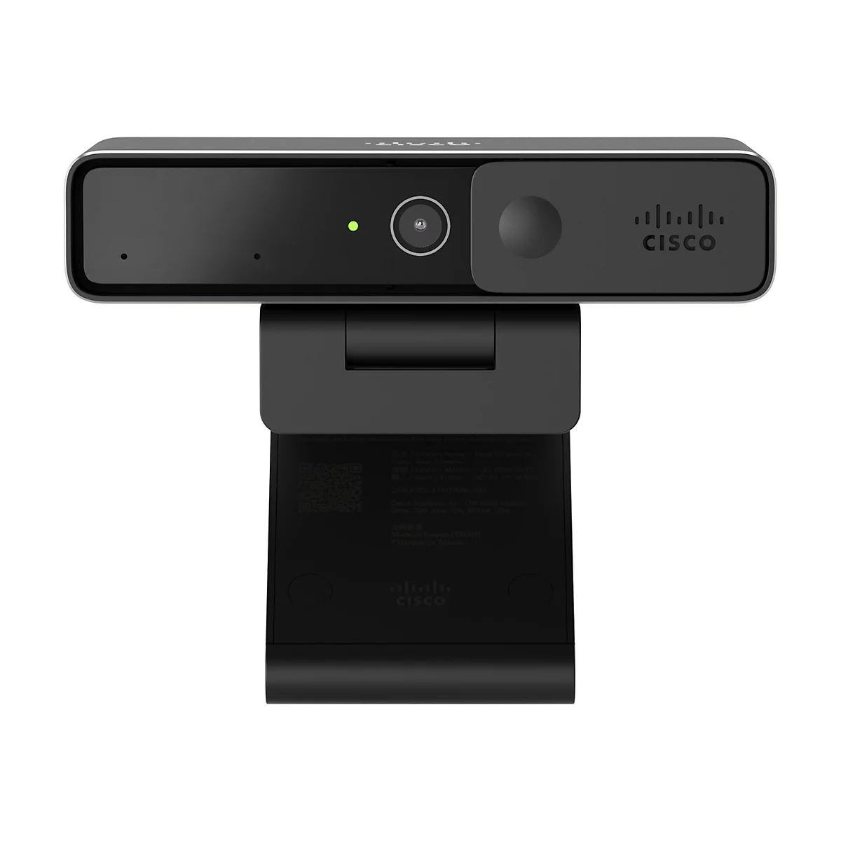 Schwarze Cisco Desk Kamera, auf einem schwarzen Ständer. Mit Linse, LED und Logo.