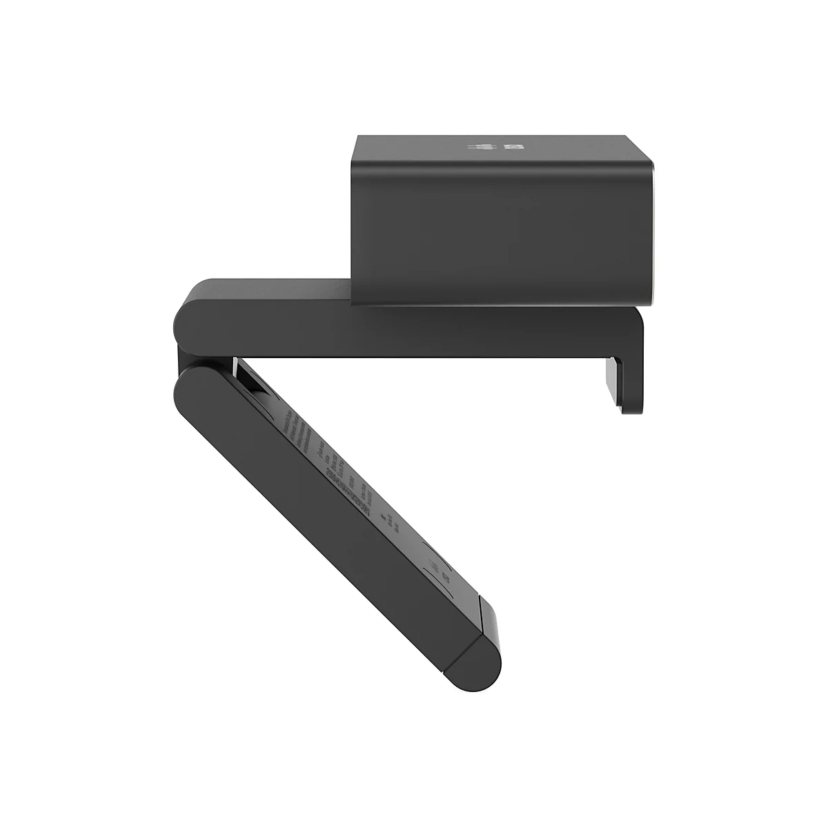Schwarze Webcam, die mit einem verstellbaren Gelenk befestigt ist. Auf der Oberseite ist das Microsoft-Logo zu sehen.