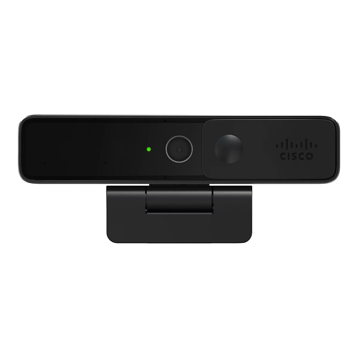 Schwarze Webcam mit grünem LED-Licht und Cisco-Logo. Sie ist auf einer verstellbaren Halterung befestigt.