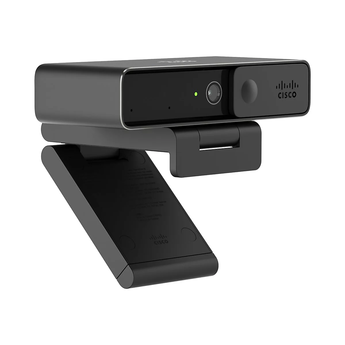 Eine schwarze Cisco-Webcam mit verstellbarem Ständer. Auf der Kamera befindet sich ein grünes Licht und das Cisco-Logo.