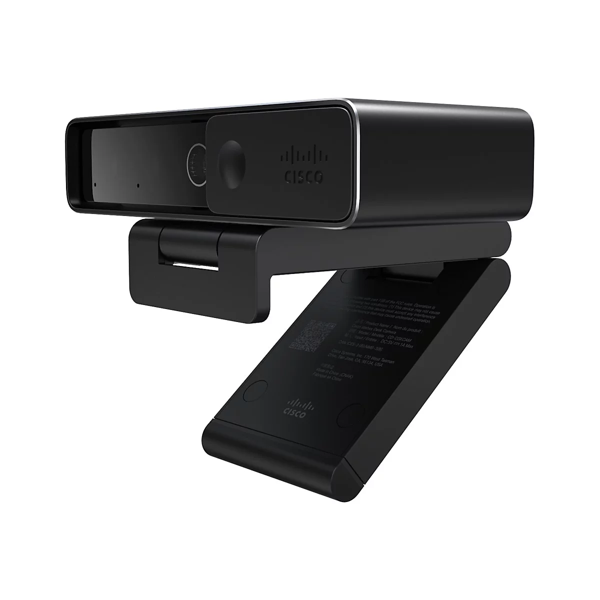 Schwarze Cisco Webcam, die auf einem Ständer befestigt ist. Detailansicht mit Logo und technischen Informationen.