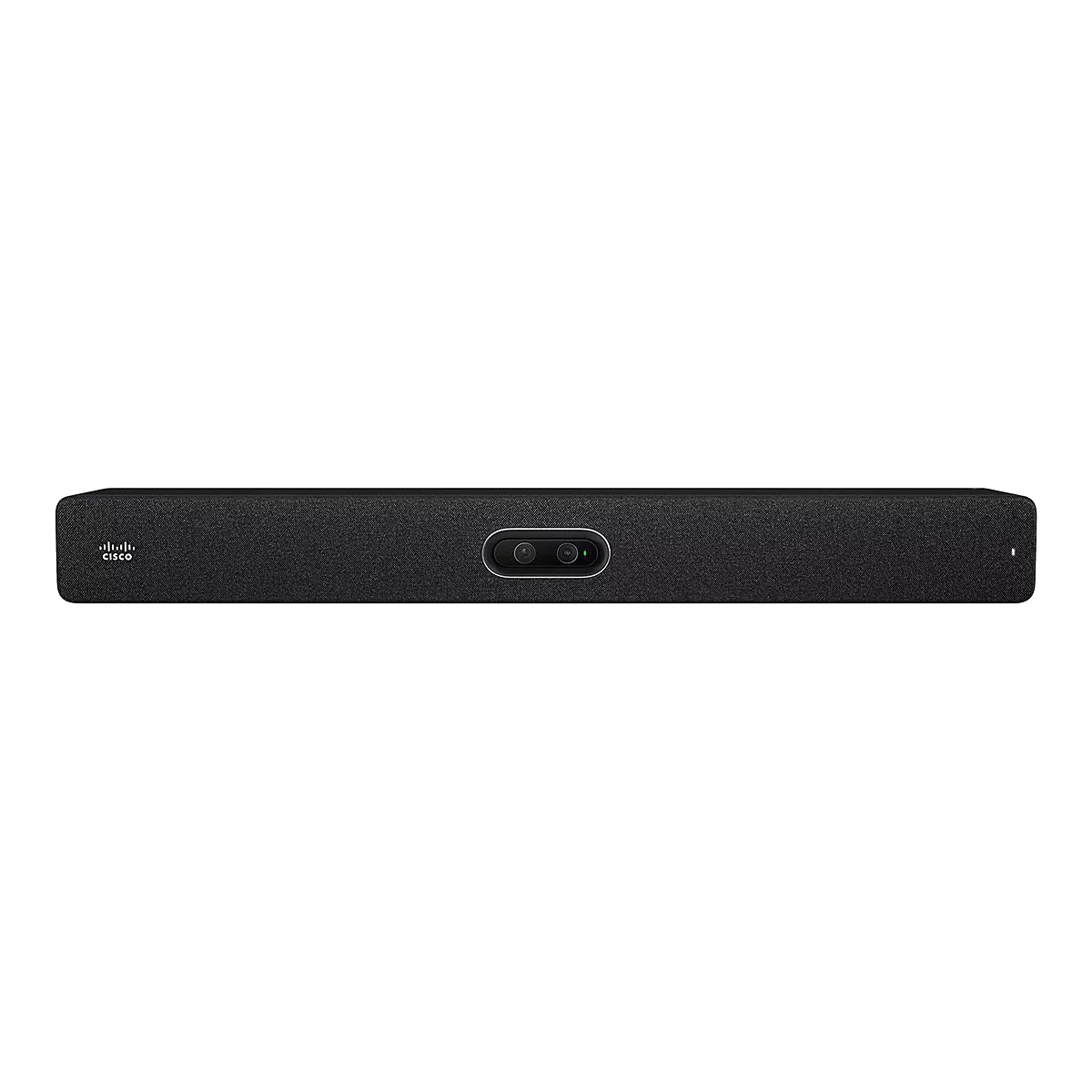 Schwarze Videokonferenz-Soundbar mit eingebauter Kamera und Cisco-Logo. Gerät mit abgerundeten Ecken, mittig Kamera.