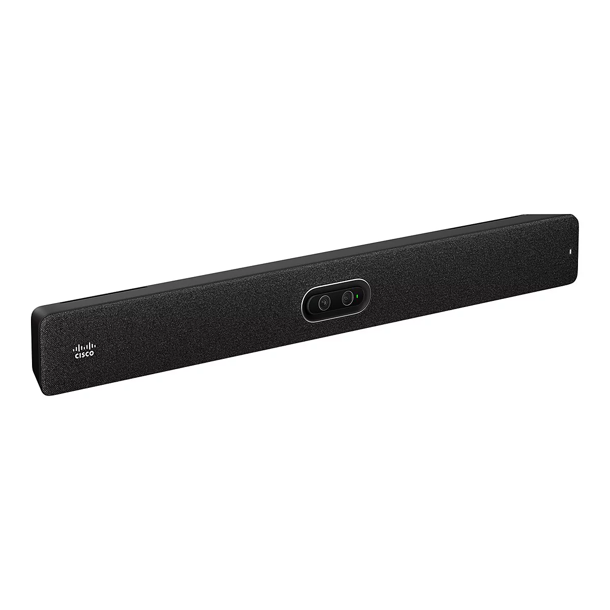 Schwarz-graue Videokonferenz-Soundbar, Marke Cisco, mit Kamera und Mikrofonen vor weißem Hintergrund.