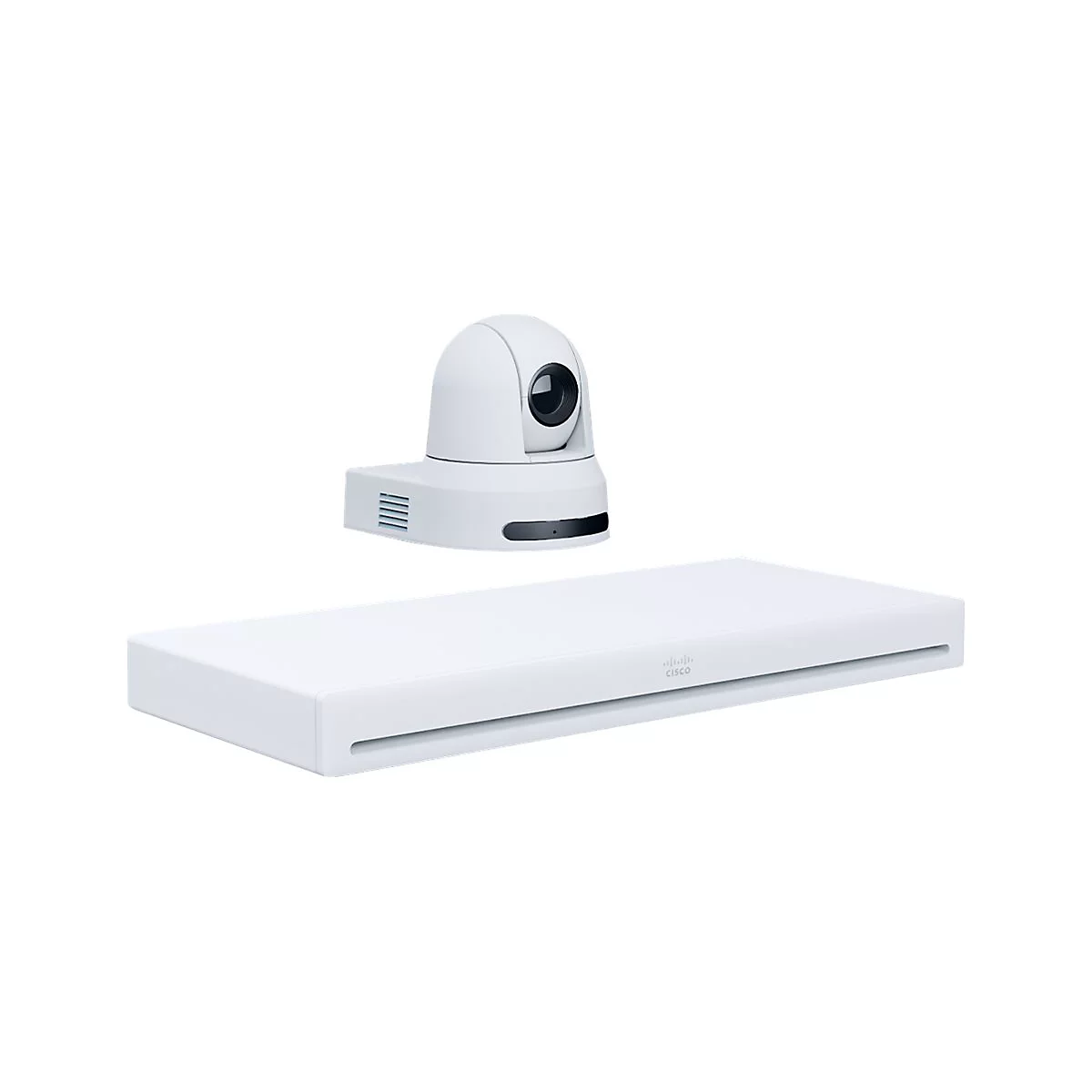 Ein weißes Videokonferenzsystem, bestehend aus einer Kamera und einer Empfangseinheit. Auf der Empfangseinheit ist das Cisco Logo zu sehen.