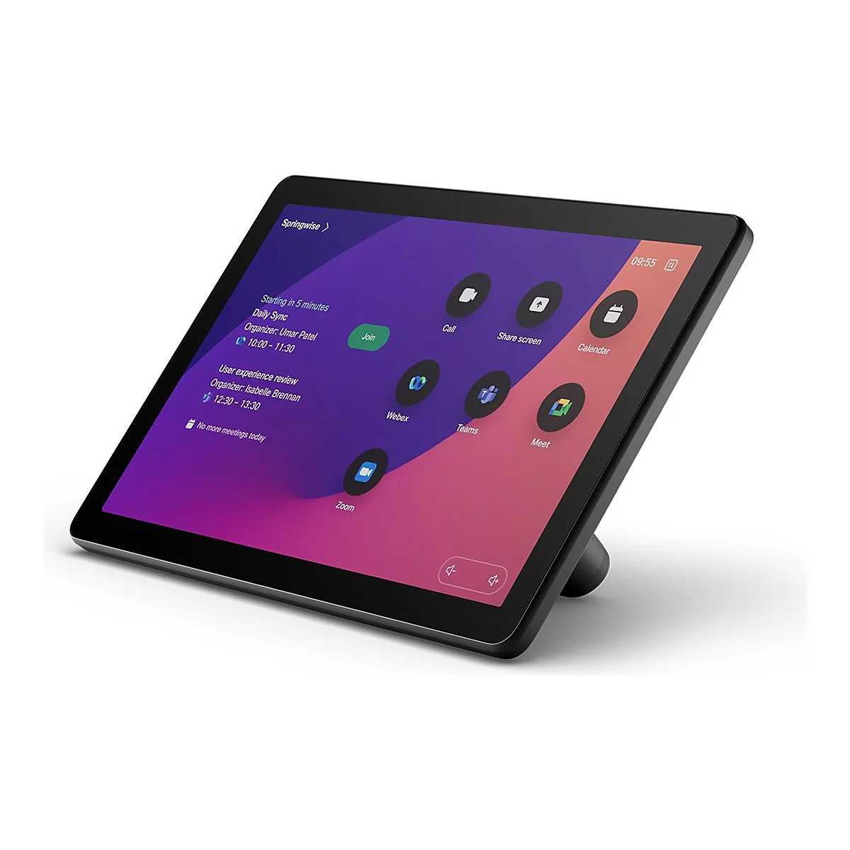Schwarzes Tablet mit laufenden Meetings. Auf dem Bildschirm werden Informationen wie "Daily Sync" und "User Experience Review" angezeigt.