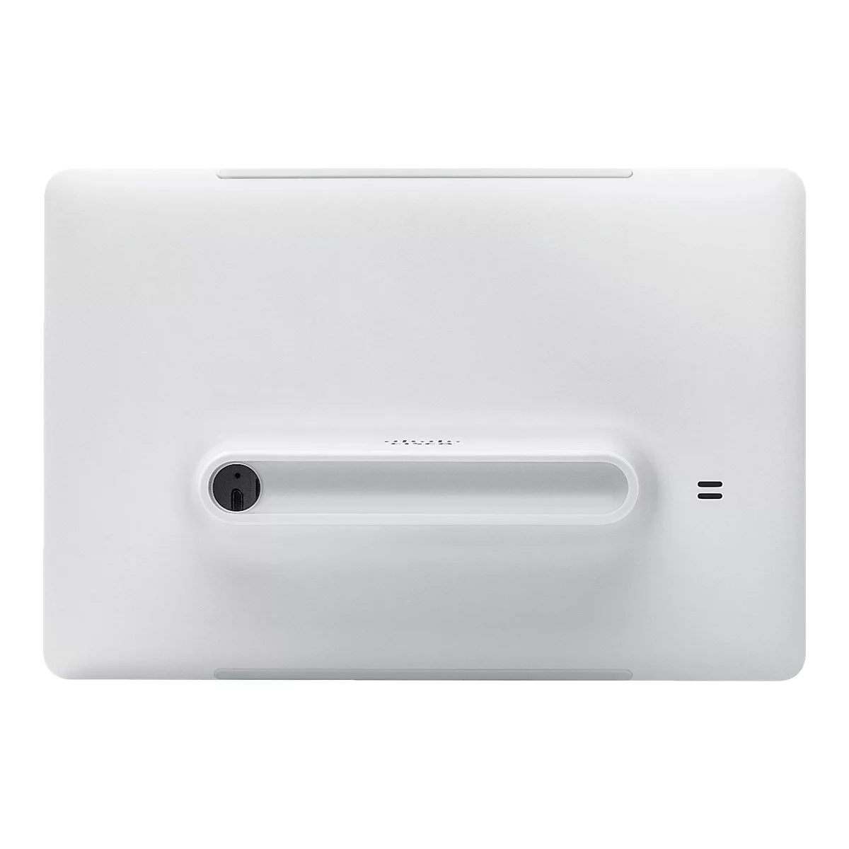 Rückseite eines weißen Tablets mit Stützvorrichtung und Ein- und Ausschalter. Rechts befindet sich ein senkrechter Strich.
