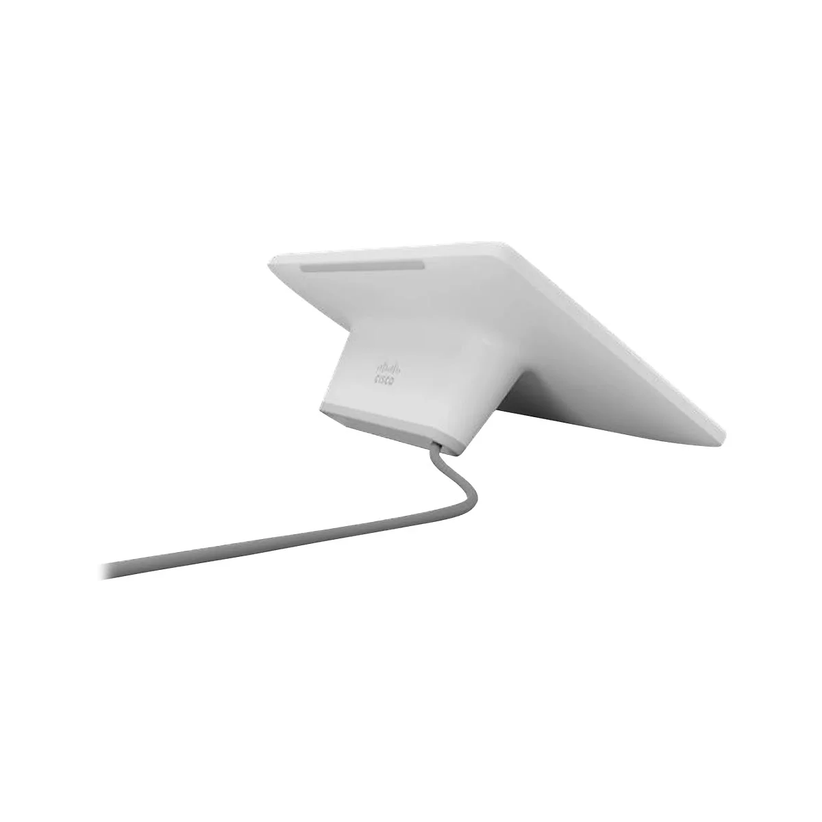 Weißes Tischtelefon, schräg von hinten gezeigt, mit grauem Kabel. Cisco Logo.